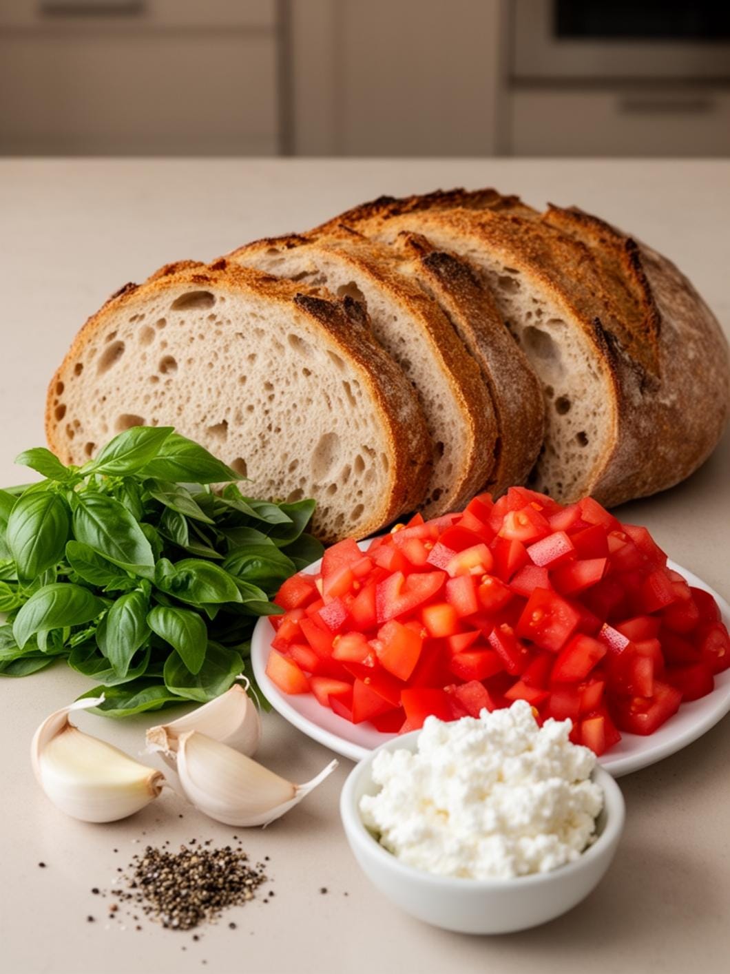 Sourdough Bruschetta with Tomato, Basil & Ricotta - Easy Italian Appetizer